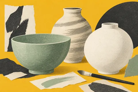 Conceptual illustration of a brush and ceramic vessels with different surfaces.