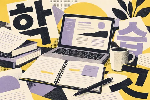 Conceptual illustration combining a notebook, laptop and Hangul letter forms.