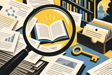 Conceptual illustration of a magnifying glass over papers and a book, with a key symbolizing access.